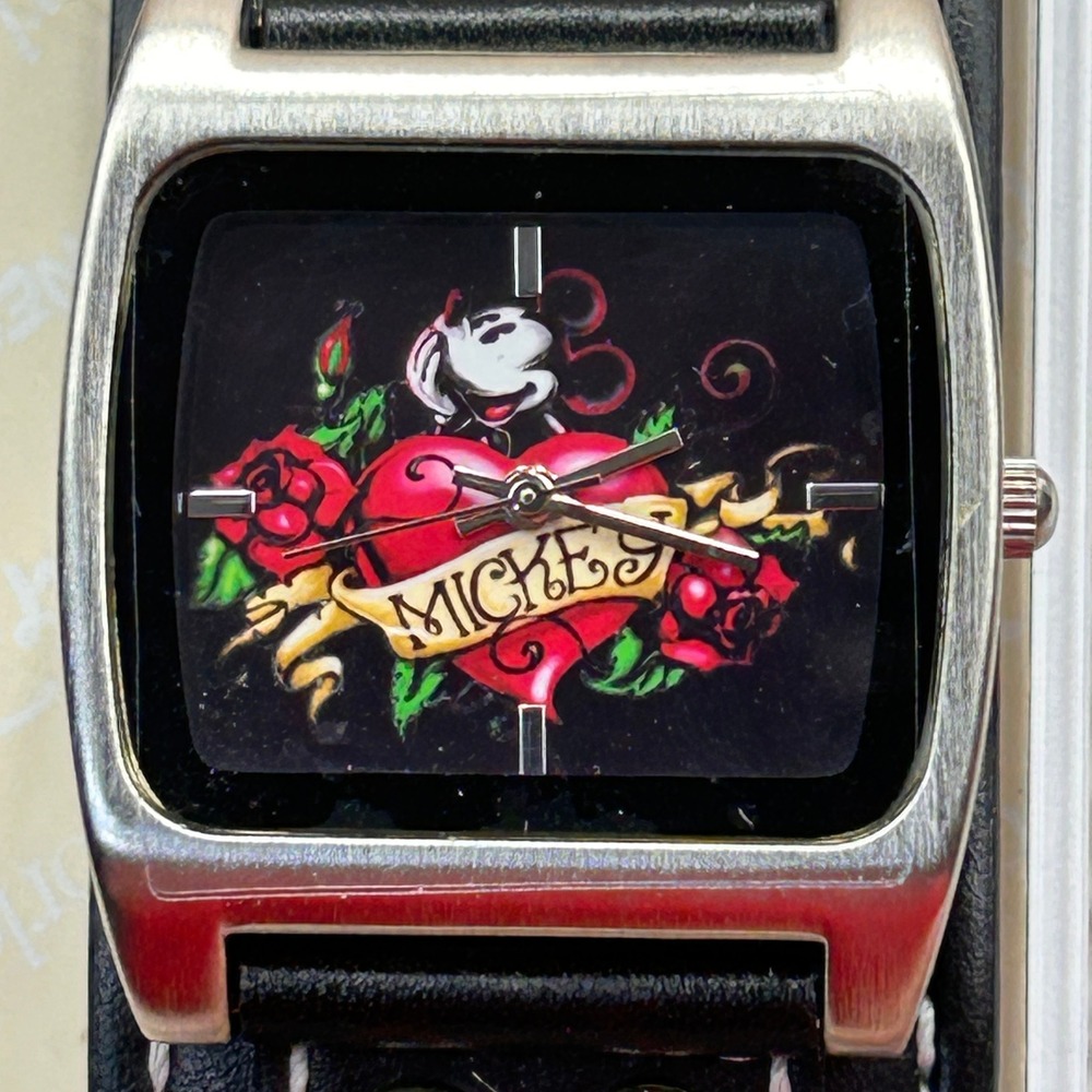 Disney Parks Mickey Mouse Tattoo Style Cuff Watch Square Case In‎ Box Old Stock
